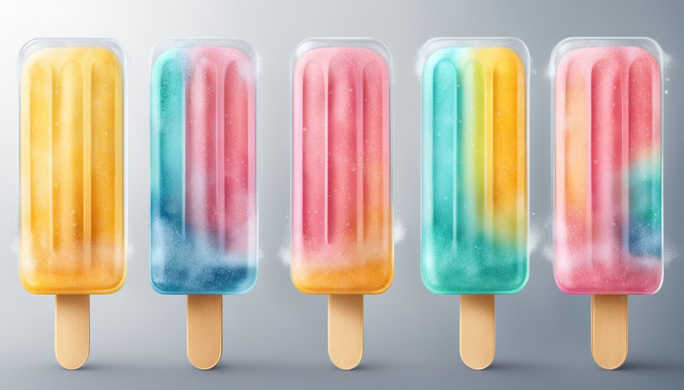 A colorful assortment of gluten-free popsicles arranged in a frosty, transparent freezer, with condensation glistening on the packaging