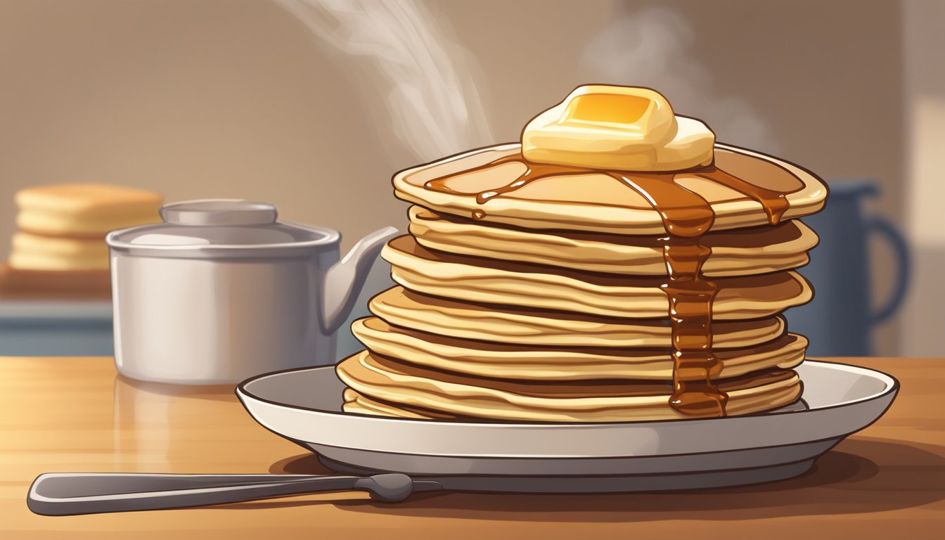 A stack of gluten-free pancakes sits on a plate, steam rising from the warm, golden-brown surface. A container of syrup sits nearby, ready to be drizzled over the fluffy pancakes