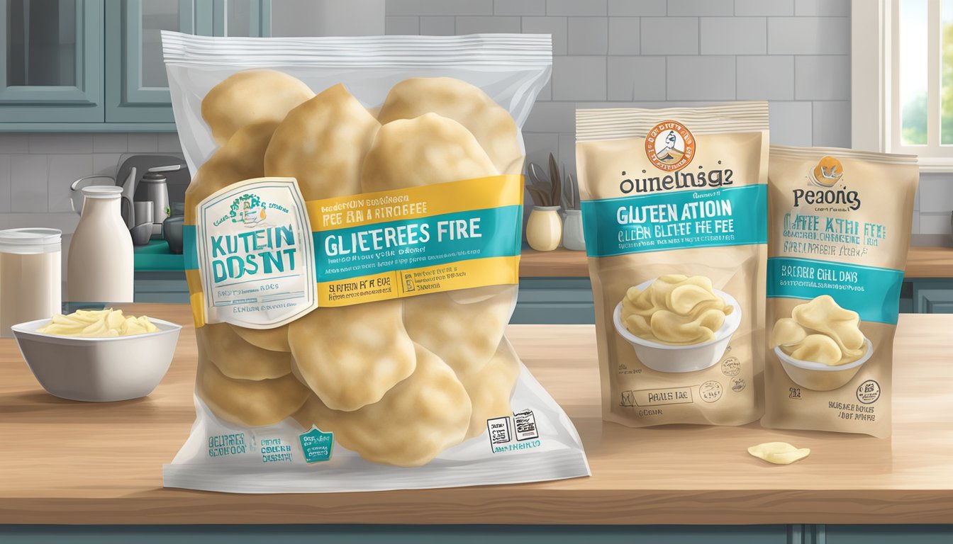 A kitchen counter with a package of gluten-free pierogies sealed in airtight packaging, alongside a list of the expiration date and storage instructions