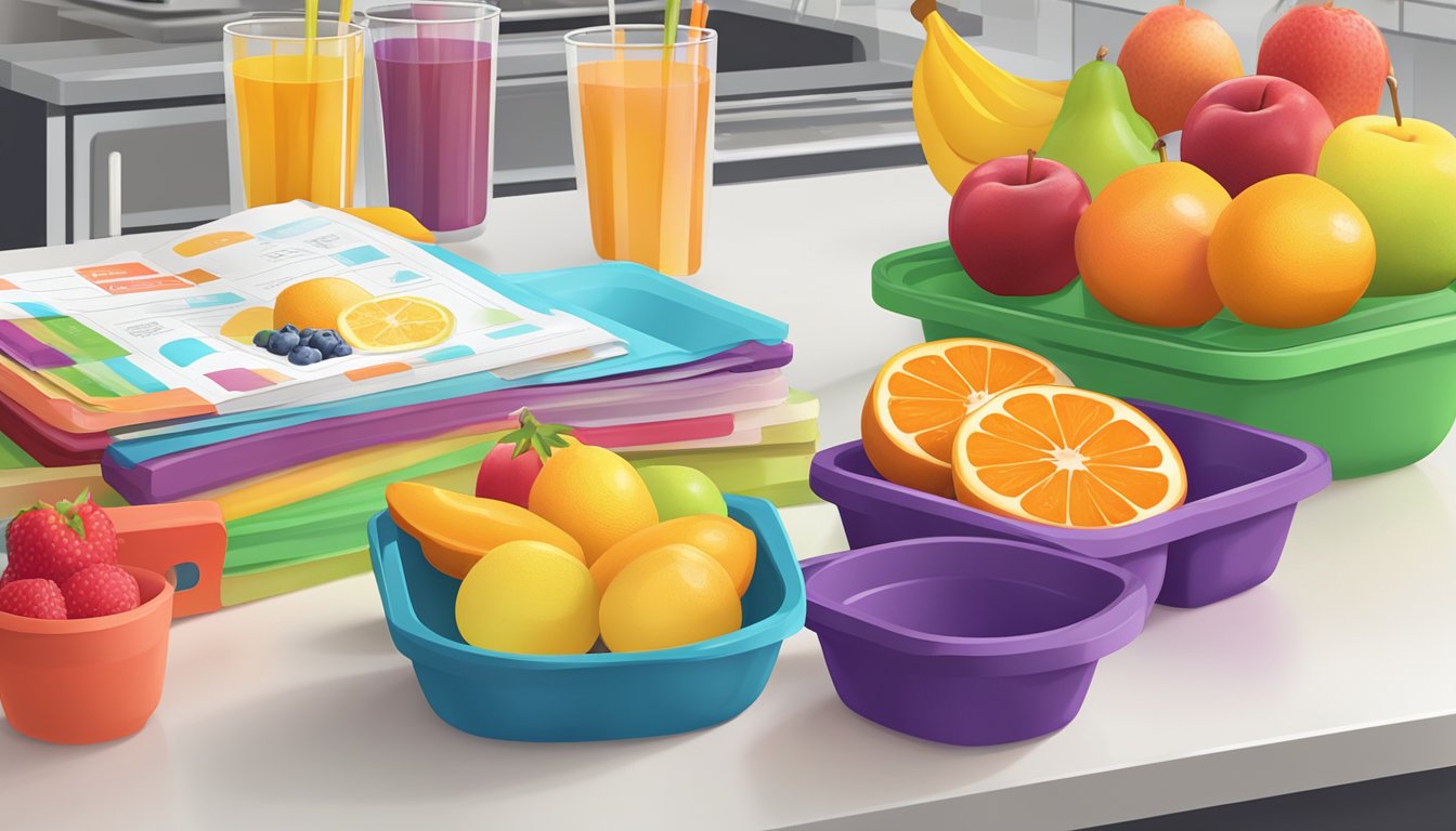 A colorful array of fresh fruits, measuring cups, and a recipe book on a kitchen counter, with a stack of vibrant popsicle molds nearby