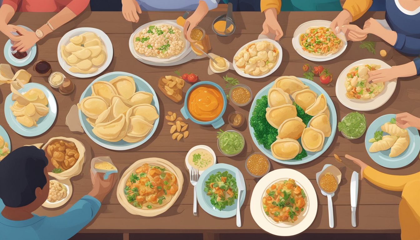 A colorful table spread with a variety of pierogi, some traditional and some gluten-free, surrounded by smiling family members sharing a meal