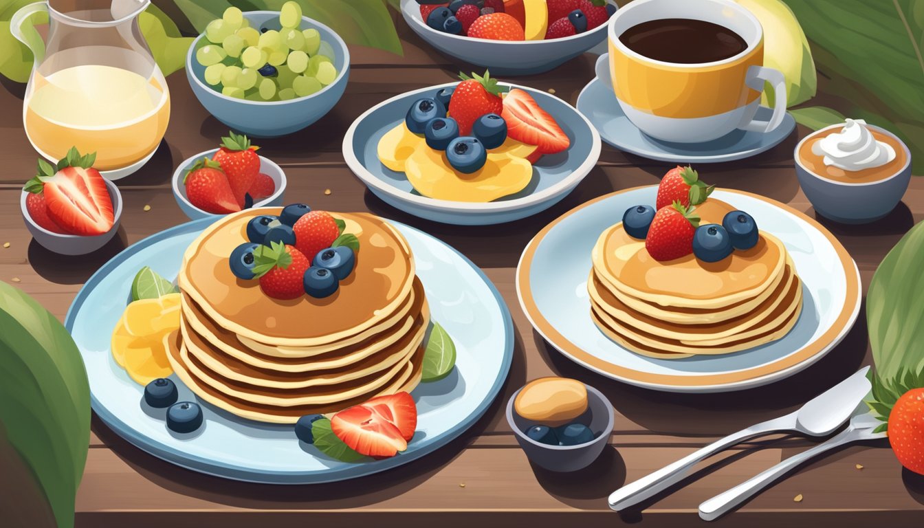 A plate of gluten-free pancakes with assorted toppings and serving suggestions, surrounded by fresh fruit and a drizzle of syrup