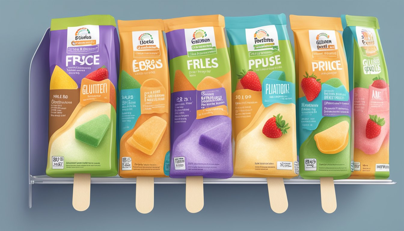 A freezer shelf with gluten-free popsicles in packaging, with a clear expiration date visible