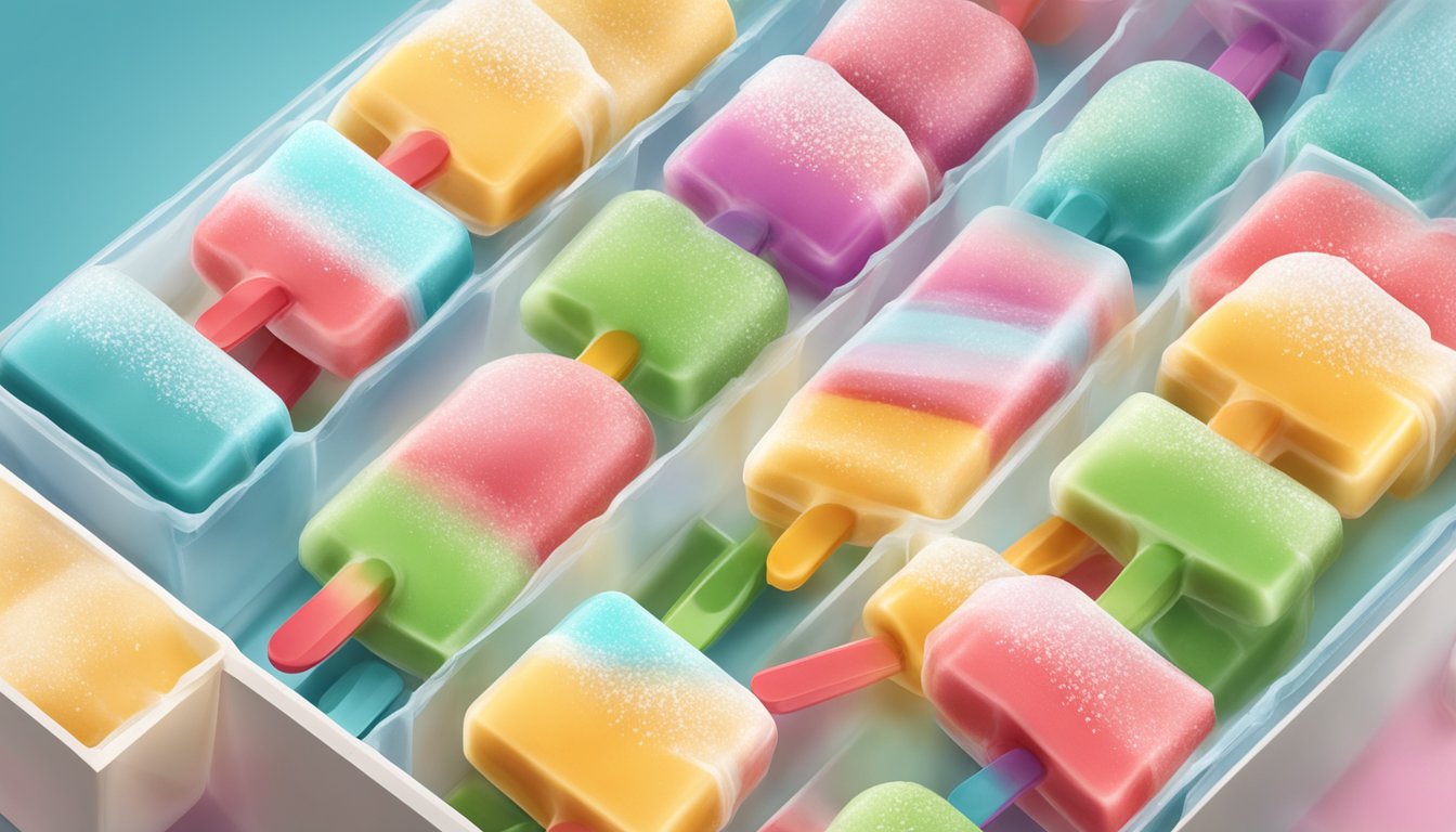 A colorful display of gluten-free popsicles in a freezer, with frost on the packaging