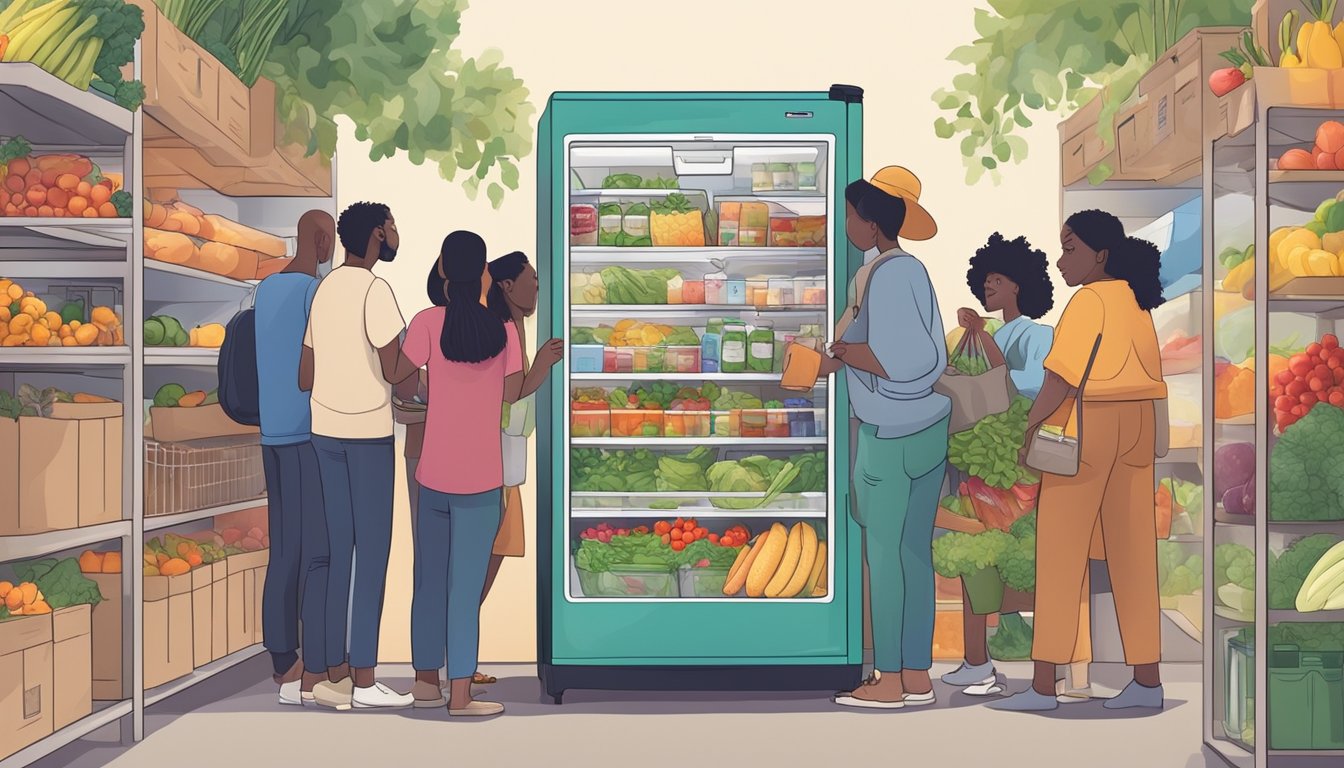 A colorful community fridge filled with fresh produce and packaged goods, surrounded by a diverse group of people accessing and restocking its contents