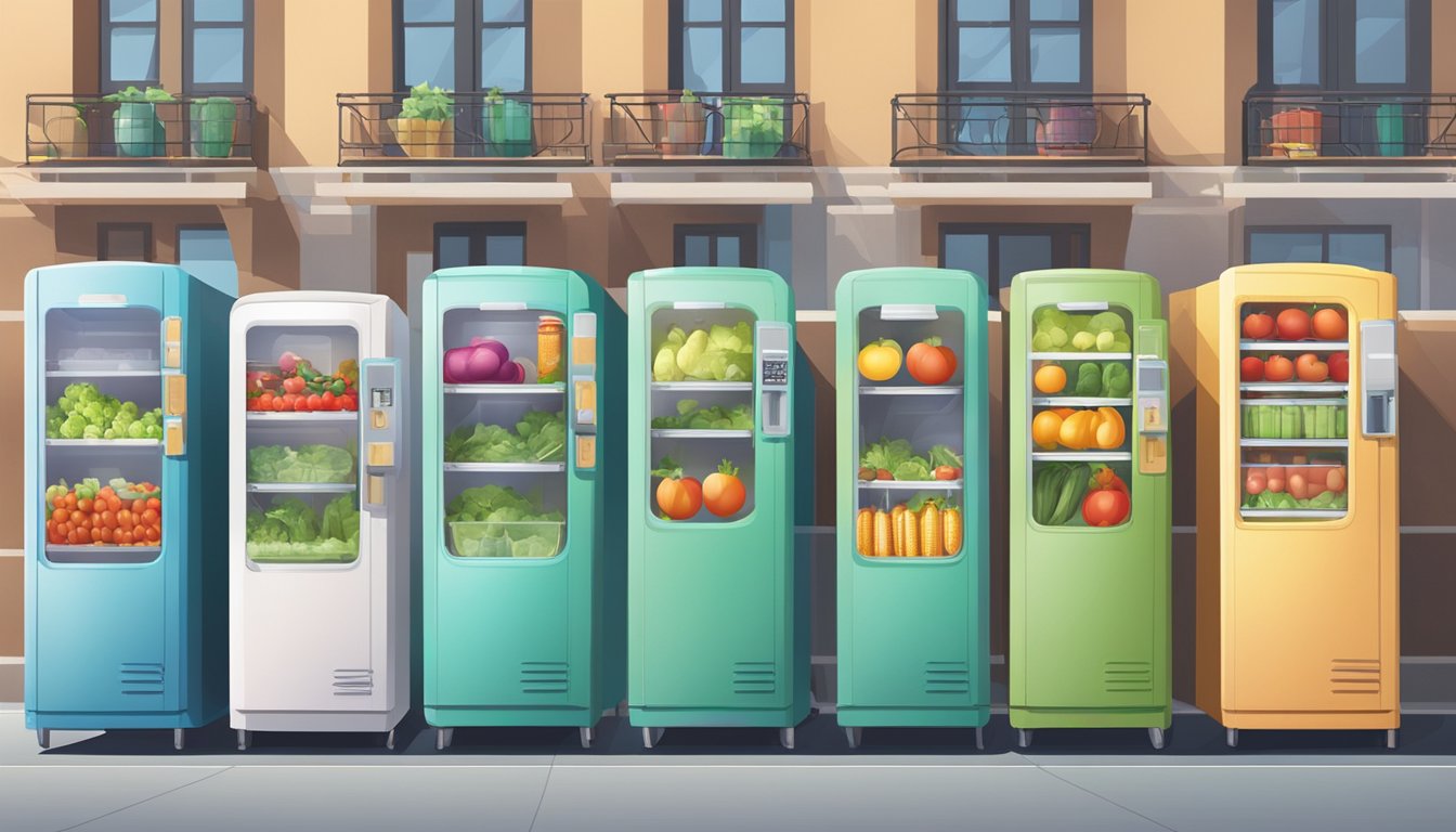 A row of colorful community fridges lined up against a city backdrop, each filled with fresh produce and food donations