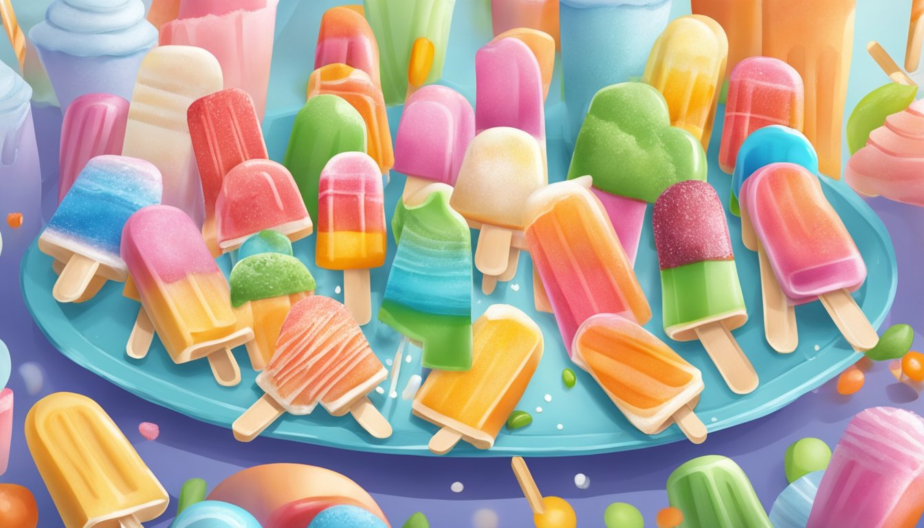 A colorful array of gluten-free popsicles arranged on a serving platter, with a backdrop of happy people enjoying the frozen treats