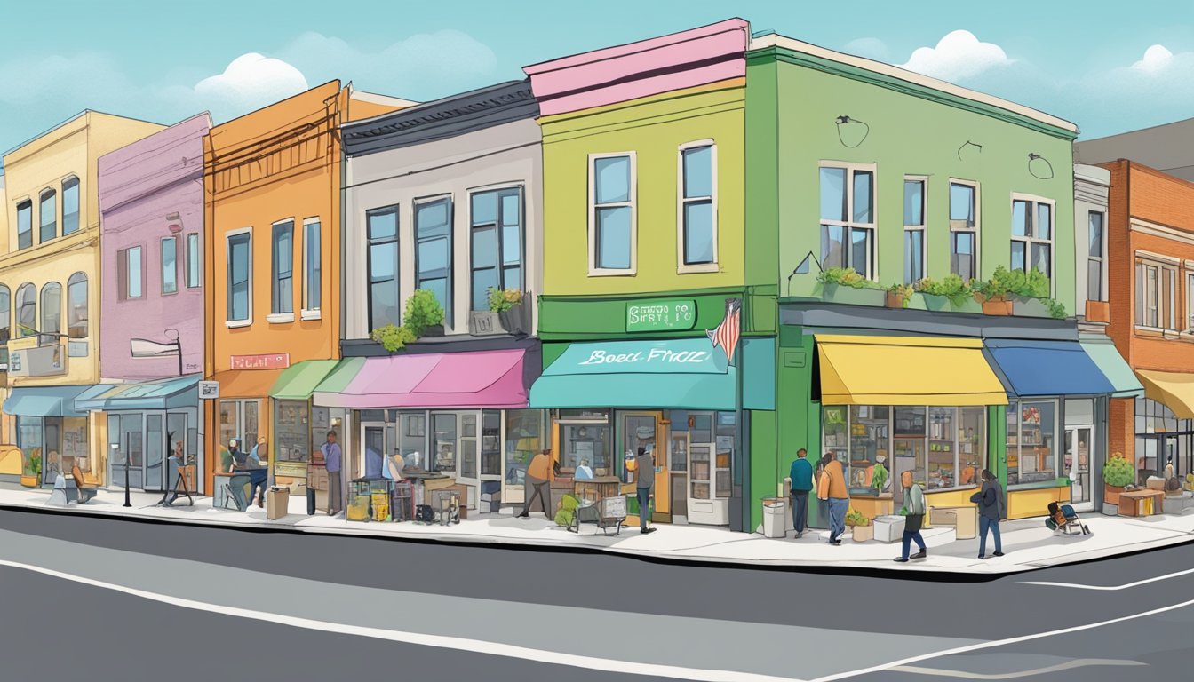 A bustling Madison street with a colorful, inviting community fridge surrounded by diverse local businesses and residents