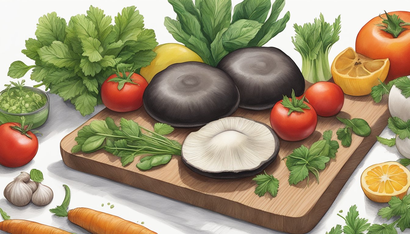 A fresh portobello mushroom cap sits on a clean, white cutting board, surrounded by other fresh produce and herbs