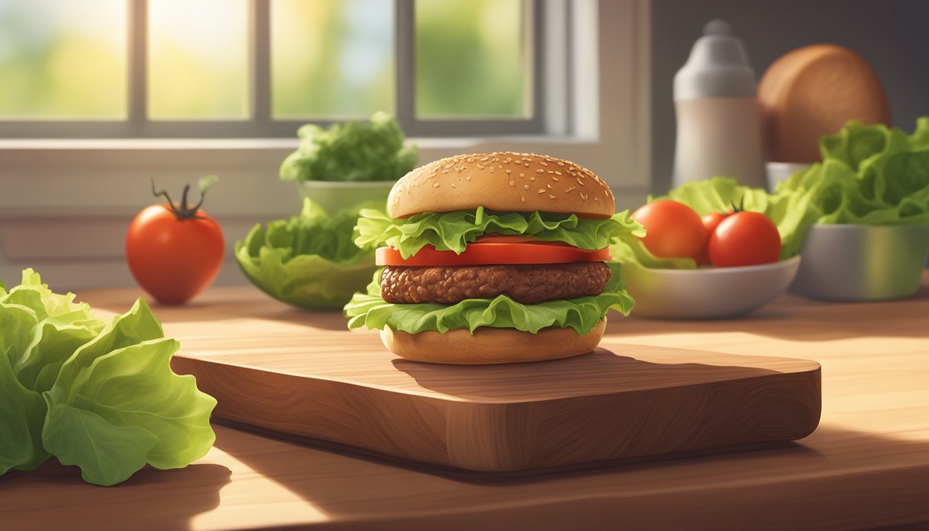 A stack of gluten-free plant-based burgers sits on a wooden cutting board, surrounded by fresh lettuce, tomatoes, and avocado. Rays of sunlight filter through a nearby window, casting a warm glow on the scene