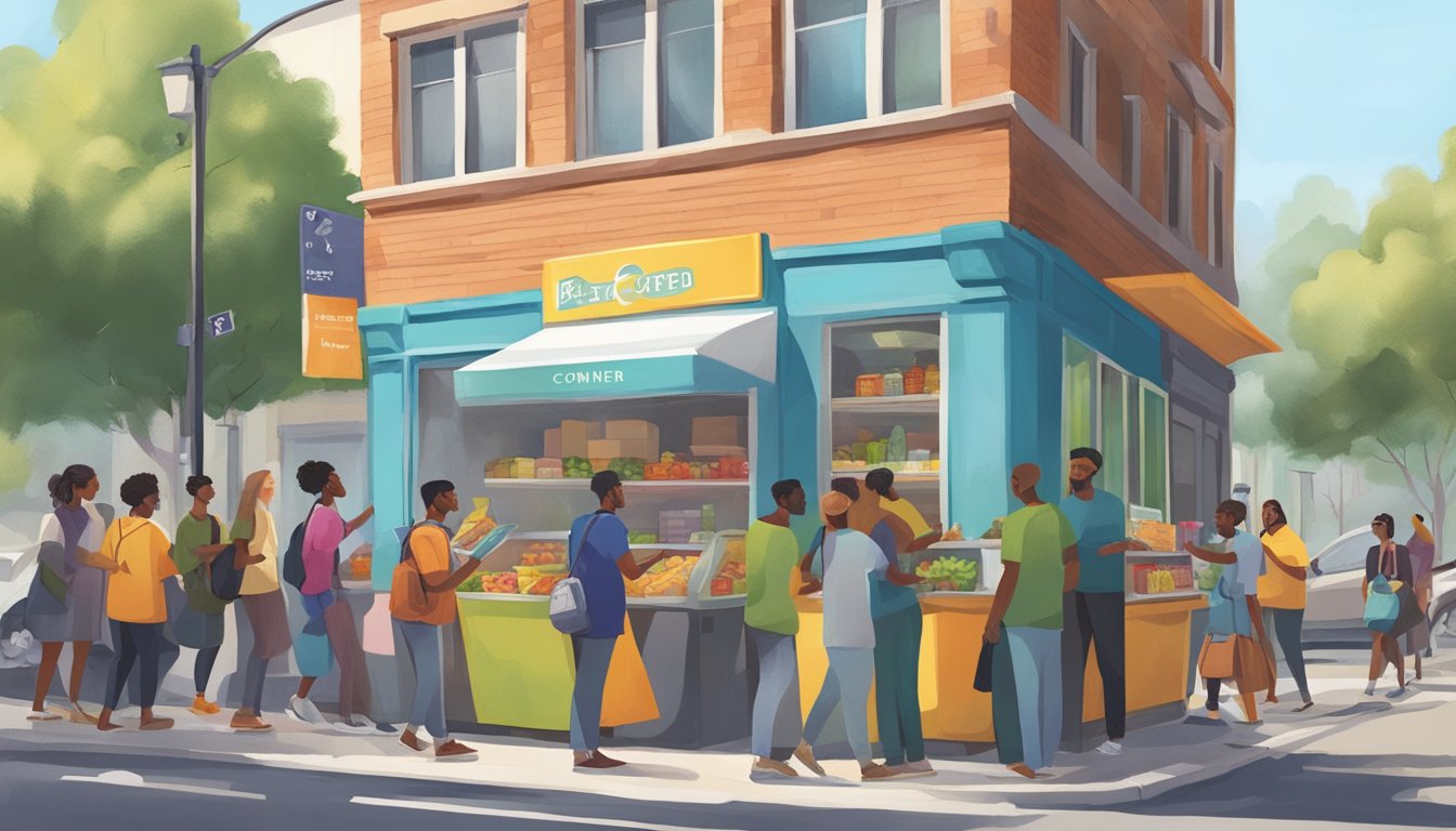 A bustling street corner with a vibrant community fridge surrounded by people donating and taking food. Nearby, a group organizes a community event