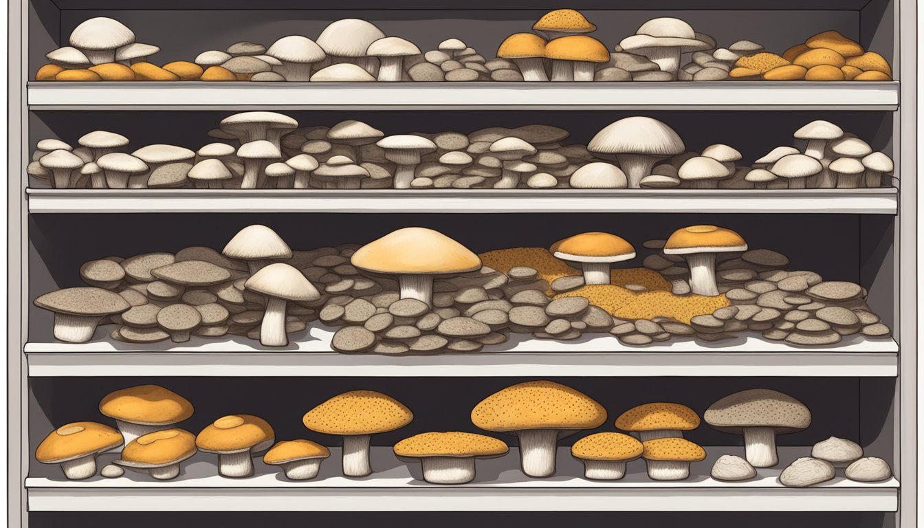 A pile of gluten-free portobello mushroom caps on a shelf, with indicators of freshness such as mold, discoloration, and odor