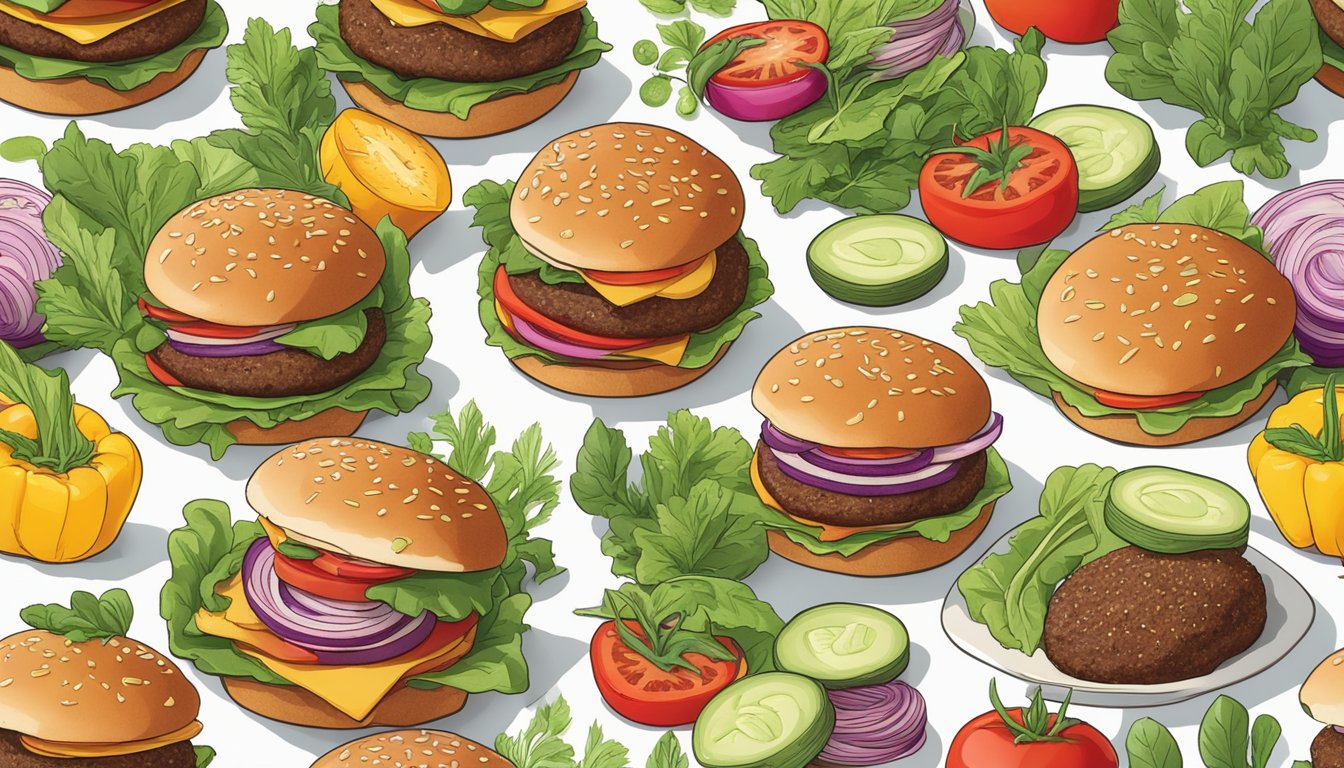 A colorful array of gluten-free plant-based burgers, sitting on a clean, white countertop, surrounded by vibrant, fresh vegetables and herbs