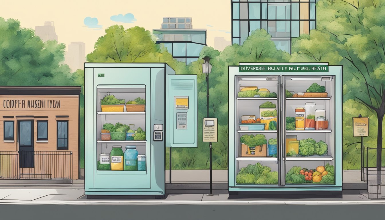 A colorful community fridge surrounded by diverse buildings and greenery in Madison, WI, with signs promoting safety and public health