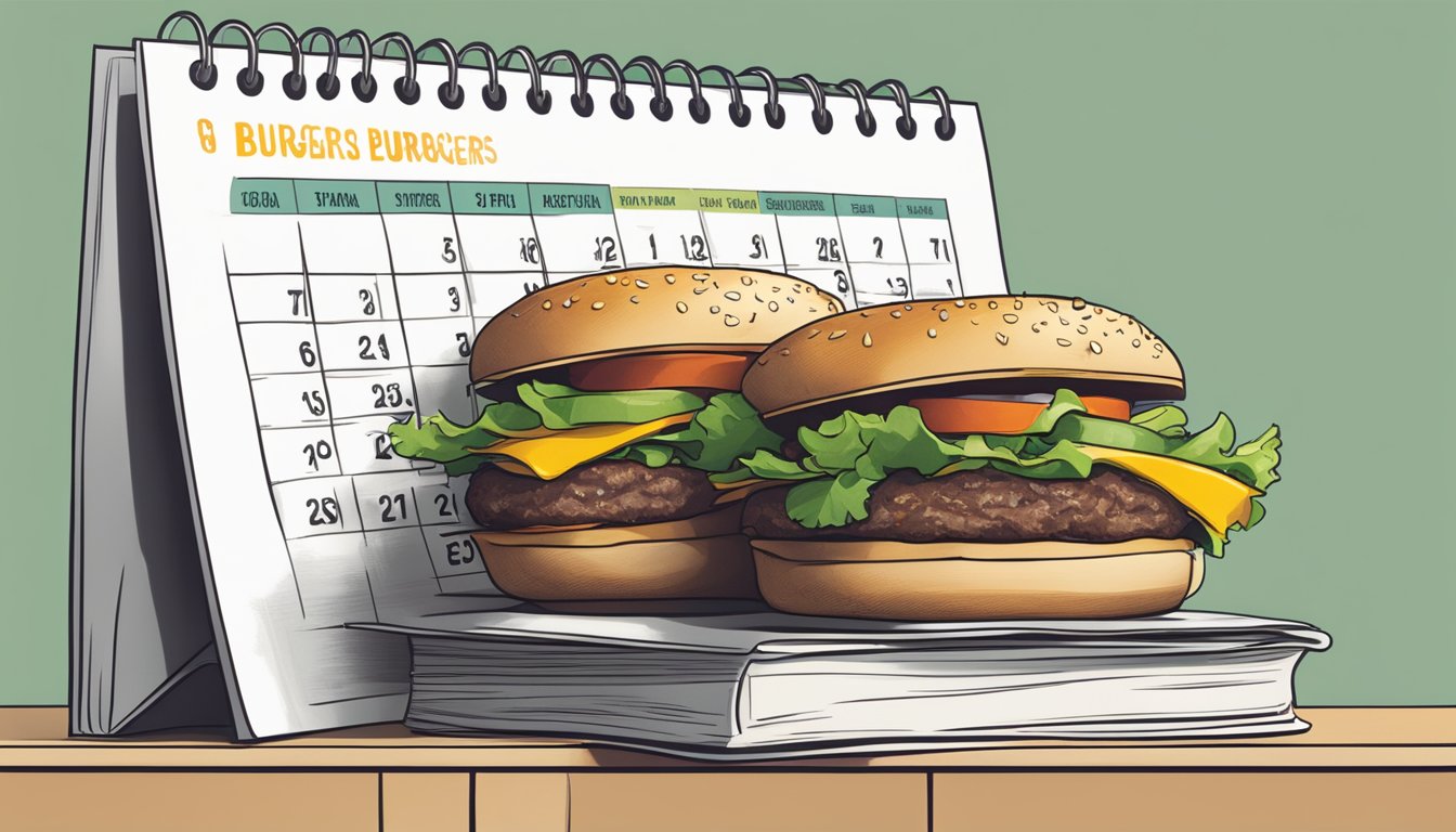 A stack of gluten-free plant-based burgers on a shelf, with a calendar showing the expiration date highlighted