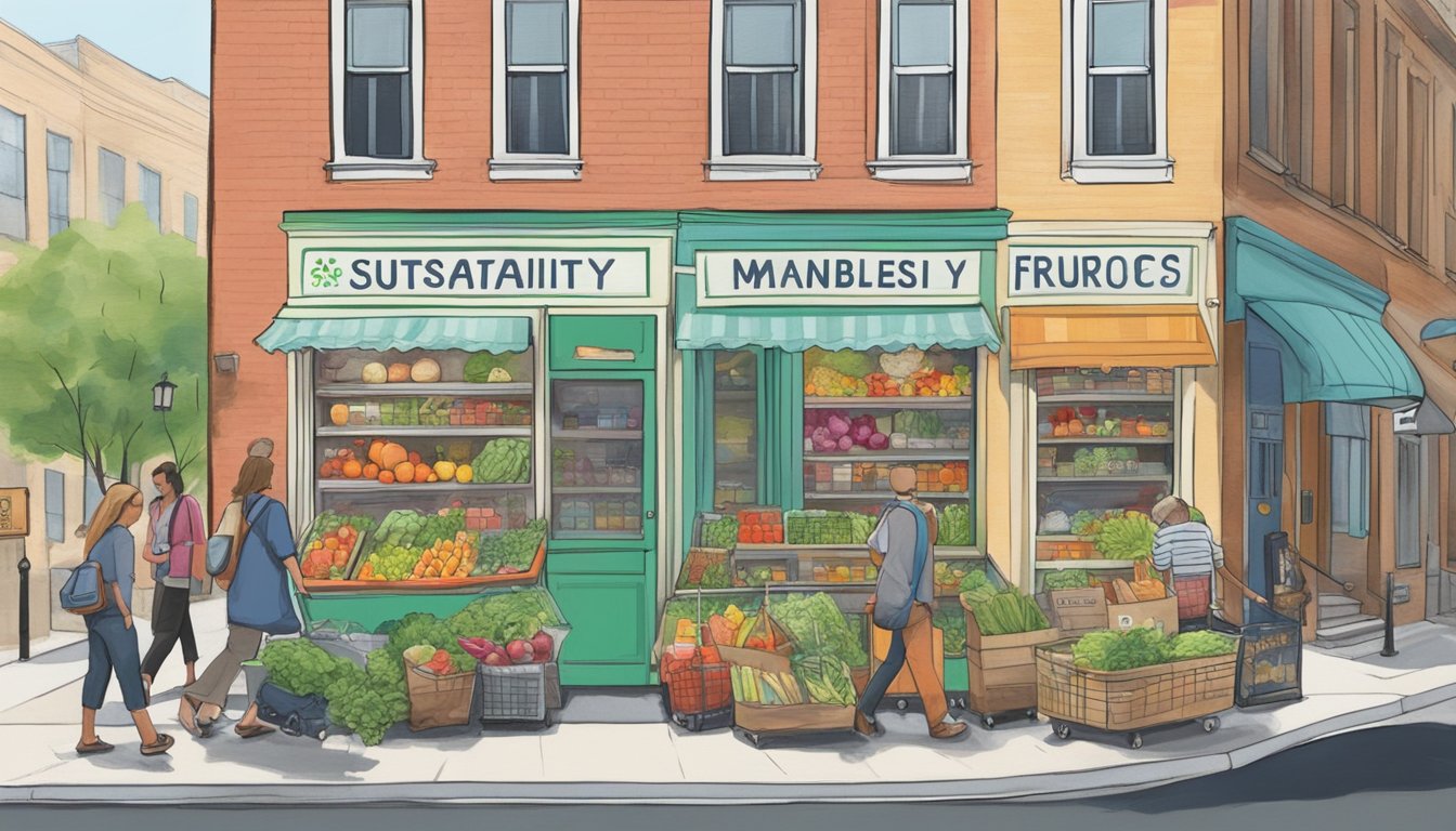 A bustling Madison street with a colorful community fridge adorned with local artwork, filled with fresh produce and labeled with sustainability messages