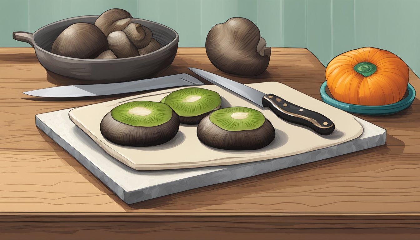 A kitchen counter with fresh Portobello mushroom caps, a knife, and a cutting board