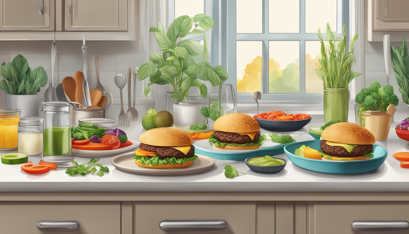 A kitchen counter with freshly prepared gluten-free plant-based burgers, surrounded by colorful ingredients and cooking utensils