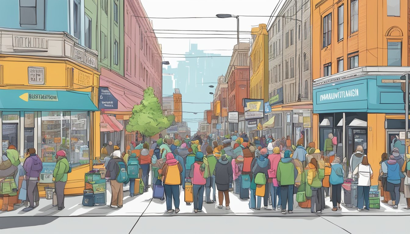 A bustling street with a colorful community fridge surrounded by people and signs advocating for legislation in Madison, WI