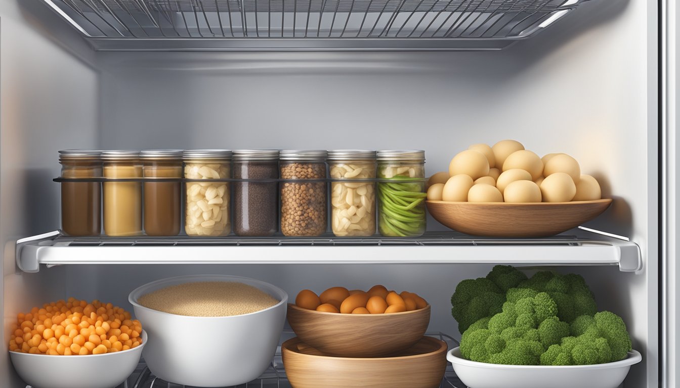 A row of fresh portobello mushroom caps stored in airtight containers in a refrigerator, alongside other gluten-free ingredients and cooking utensils