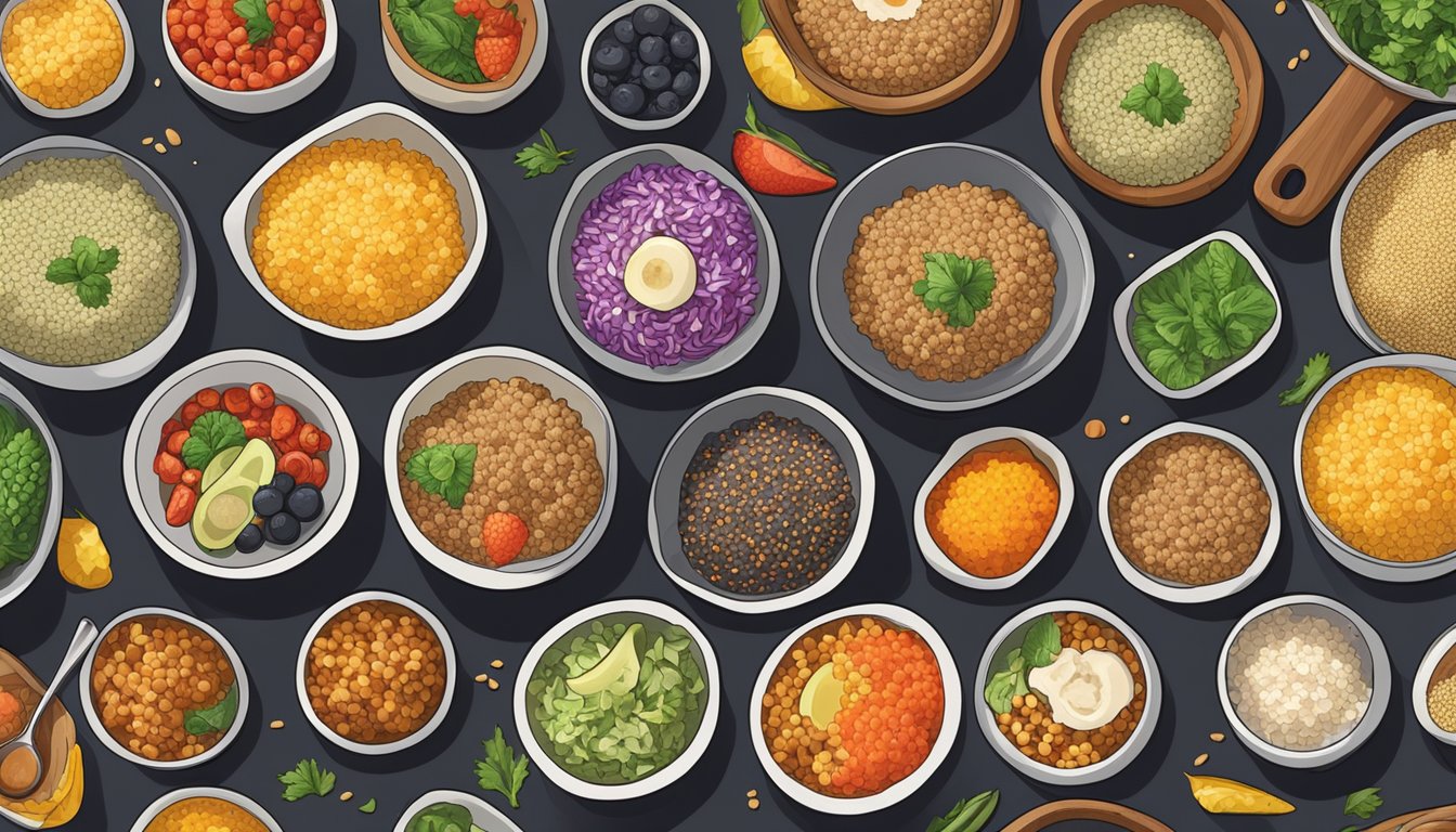 A colorful array of quinoa bowls, each filled with vibrant gluten-free ingredients, sit neatly arranged on a wooden table