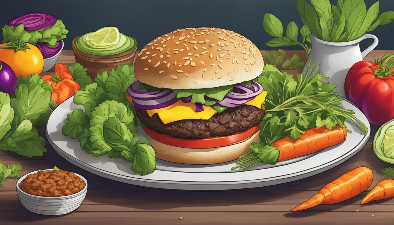 A plate of gluten-free plant-based burgers, surrounded by colorful vegetables and herbs, with a vibrant and appetizing appearance