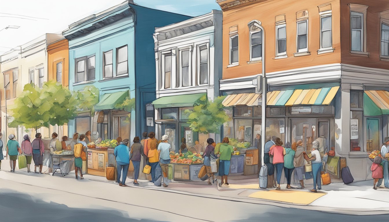 A bustling street corner in Madison, WI, with a colorful and inviting community fridge surrounded by diverse groups of people contributing and taking food