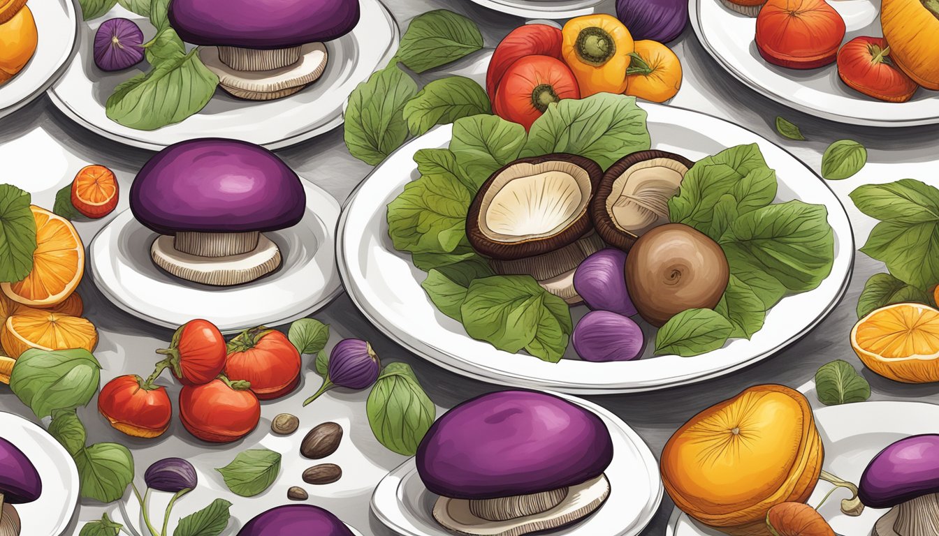 A colorful array of fresh portobello mushroom caps, sitting on a clean white plate, surrounded by vibrant, fresh ingredients