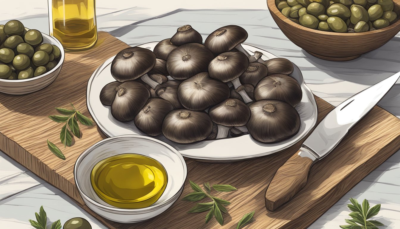 A cluster of fresh Portobello mushrooms sits on a wooden cutting board, with a knife and a bowl of olive oil nearby