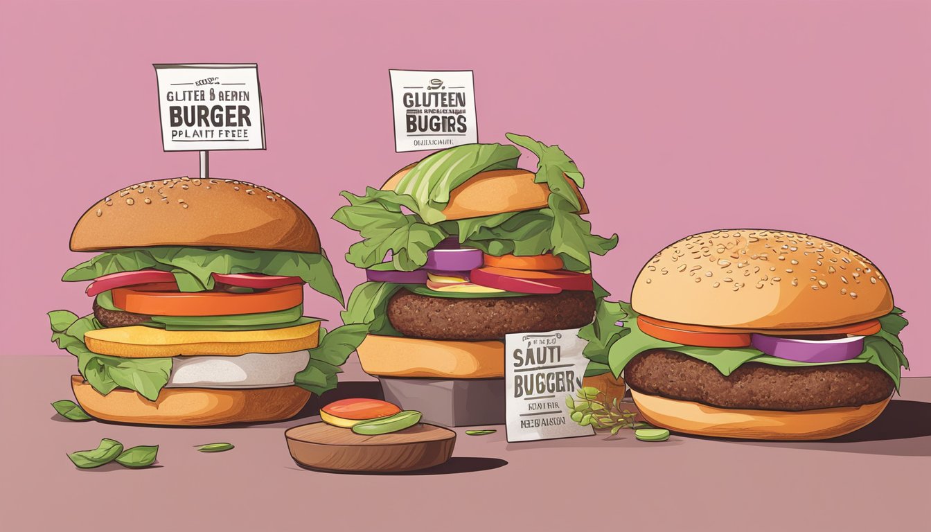 A colorful array of gluten-free plant-based burgers on a counter, next to various brand logos and packaging. Some burgers are fresh, while others show signs of aging