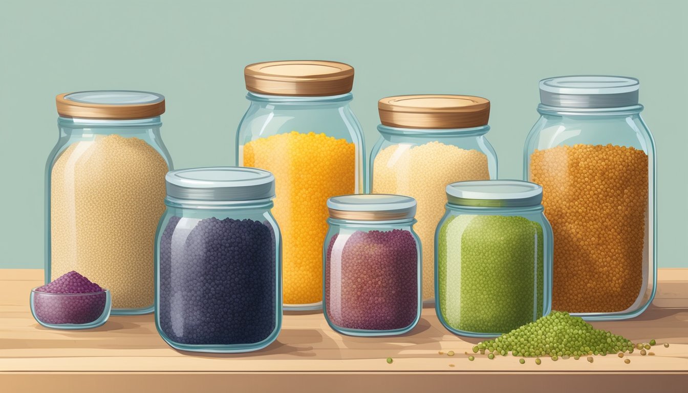 A kitchen shelf with cooked and uncooked quinoa in glass jars, surrounded by colorful gluten-free ingredients