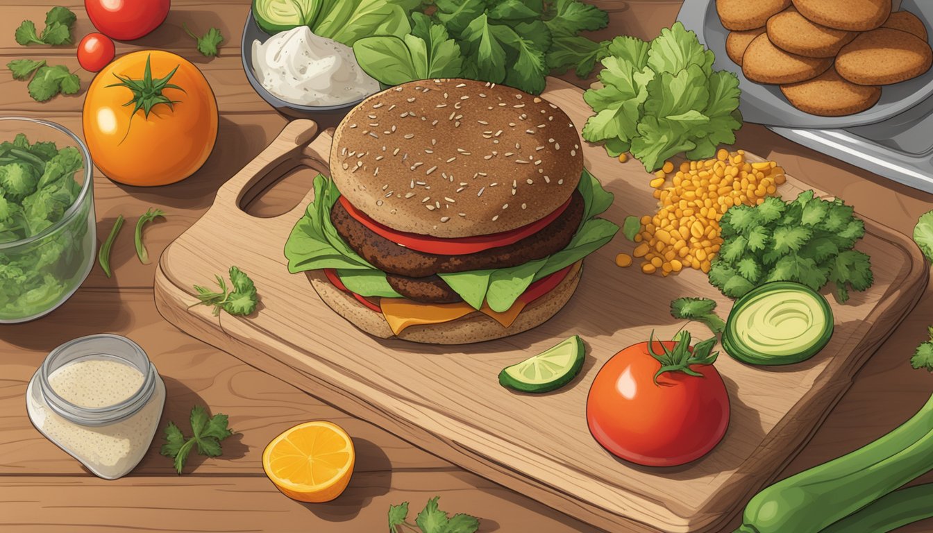 A stack of gluten-free plant-based burgers arranged on a wooden cutting board, surrounded by fresh vegetables and herbs, with a label indicating the expiration date