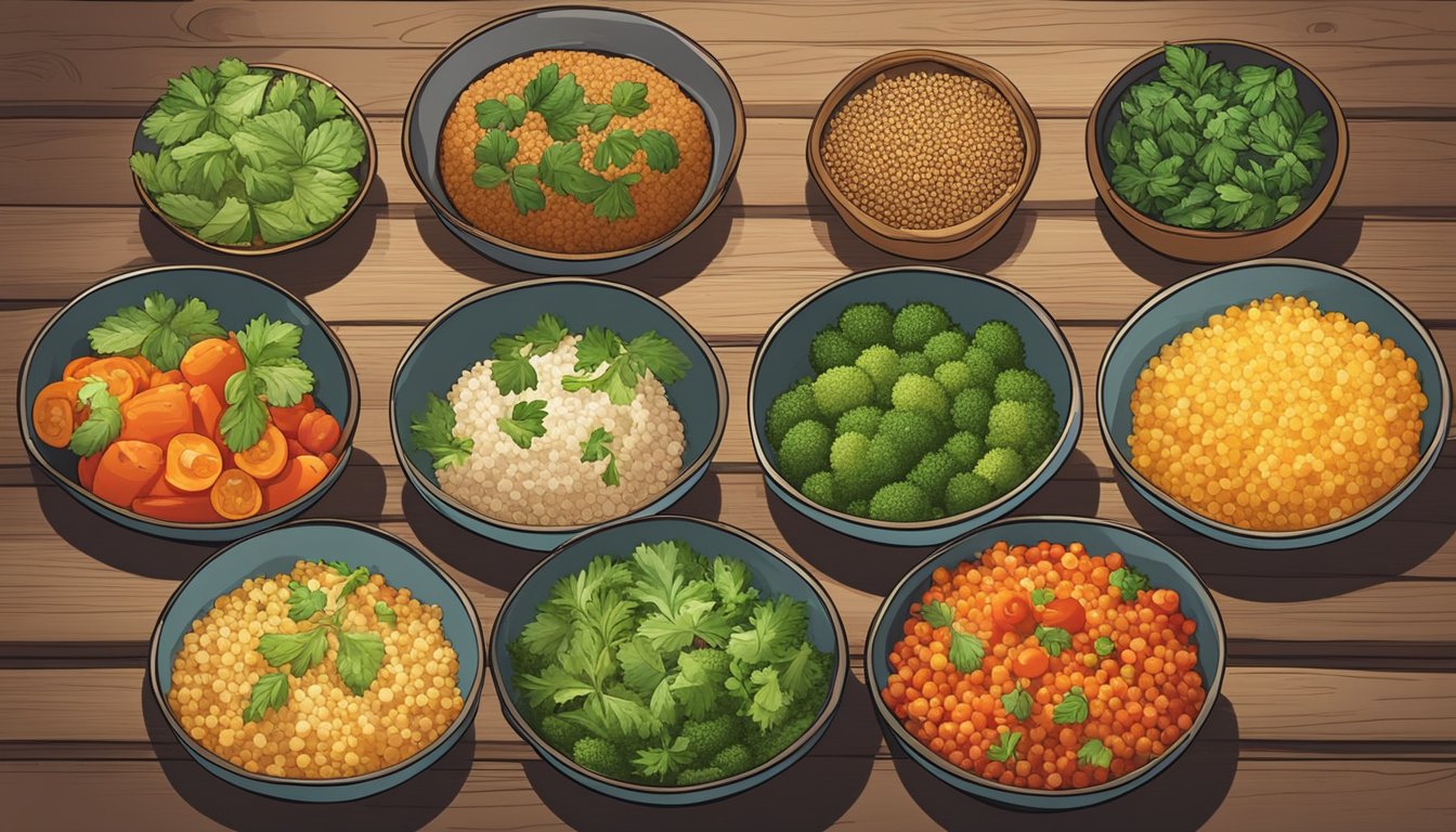 A colorful array of quinoa bowls, filled with fresh vegetables and herbs, sit on a rustic wooden table, ready to be enjoyed