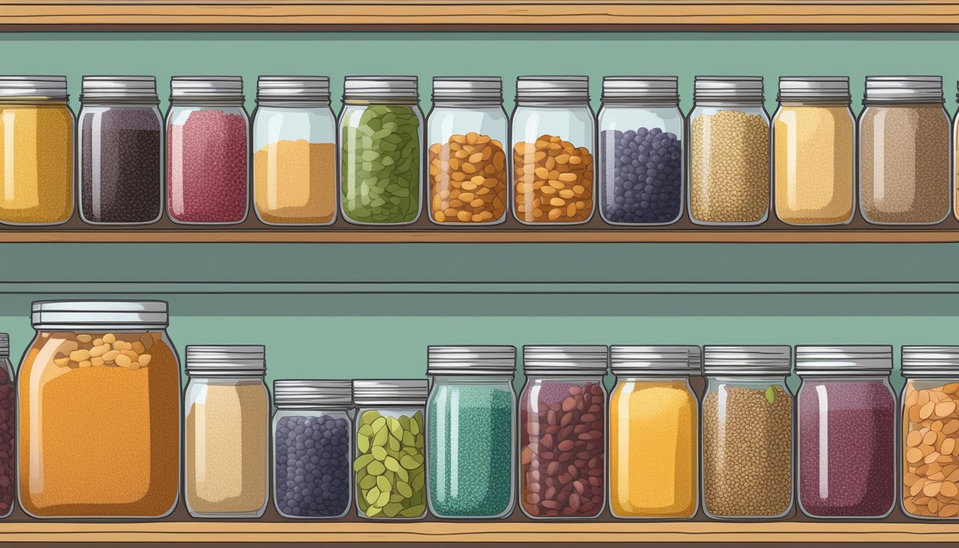 A pantry shelf filled with neatly organized mason jars containing colorful layers of quinoa, beans, and dried fruits. A label maker sits nearby for easy identification