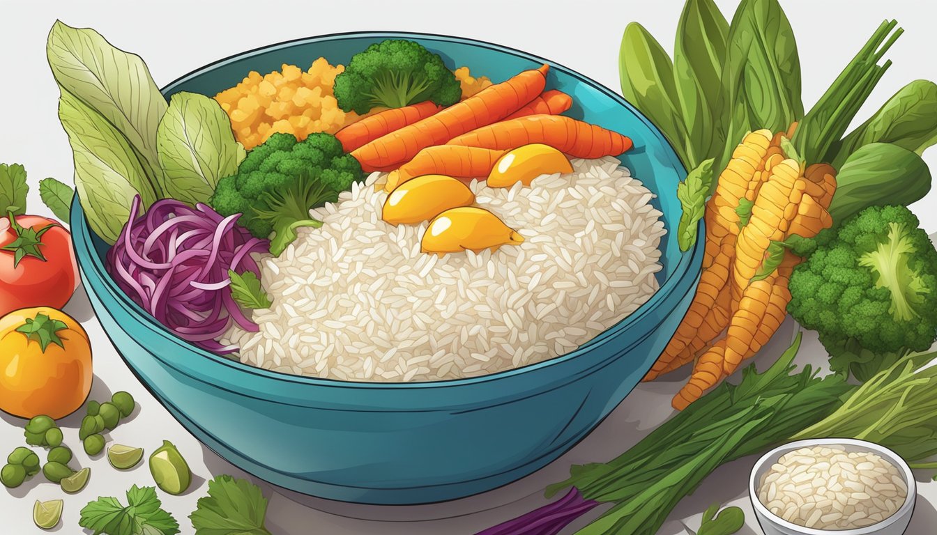 A colorful array of fresh ingredients, including rice, vegetables, and protein, arranged in a vibrant bowl