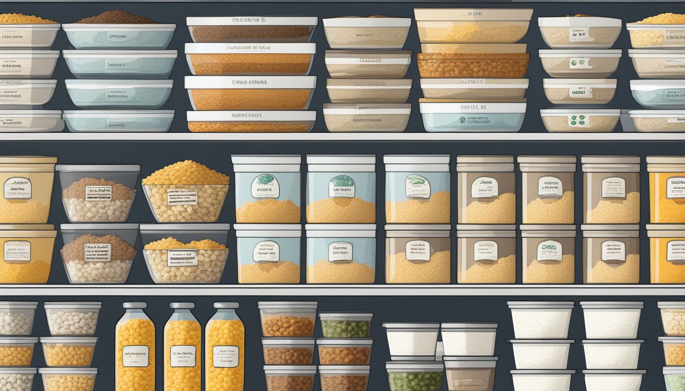 A pantry shelf with neatly organized rows of gluten-free rice bowls, labeled with expiration dates