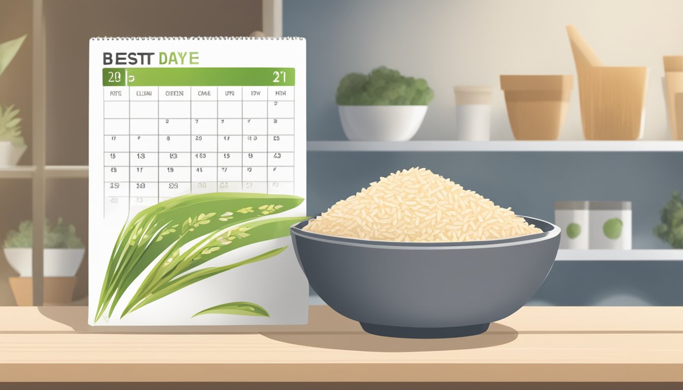 A gluten-free rice bowl sits on a shelf with a "best by" date label. A calendar with days crossed off is nearby