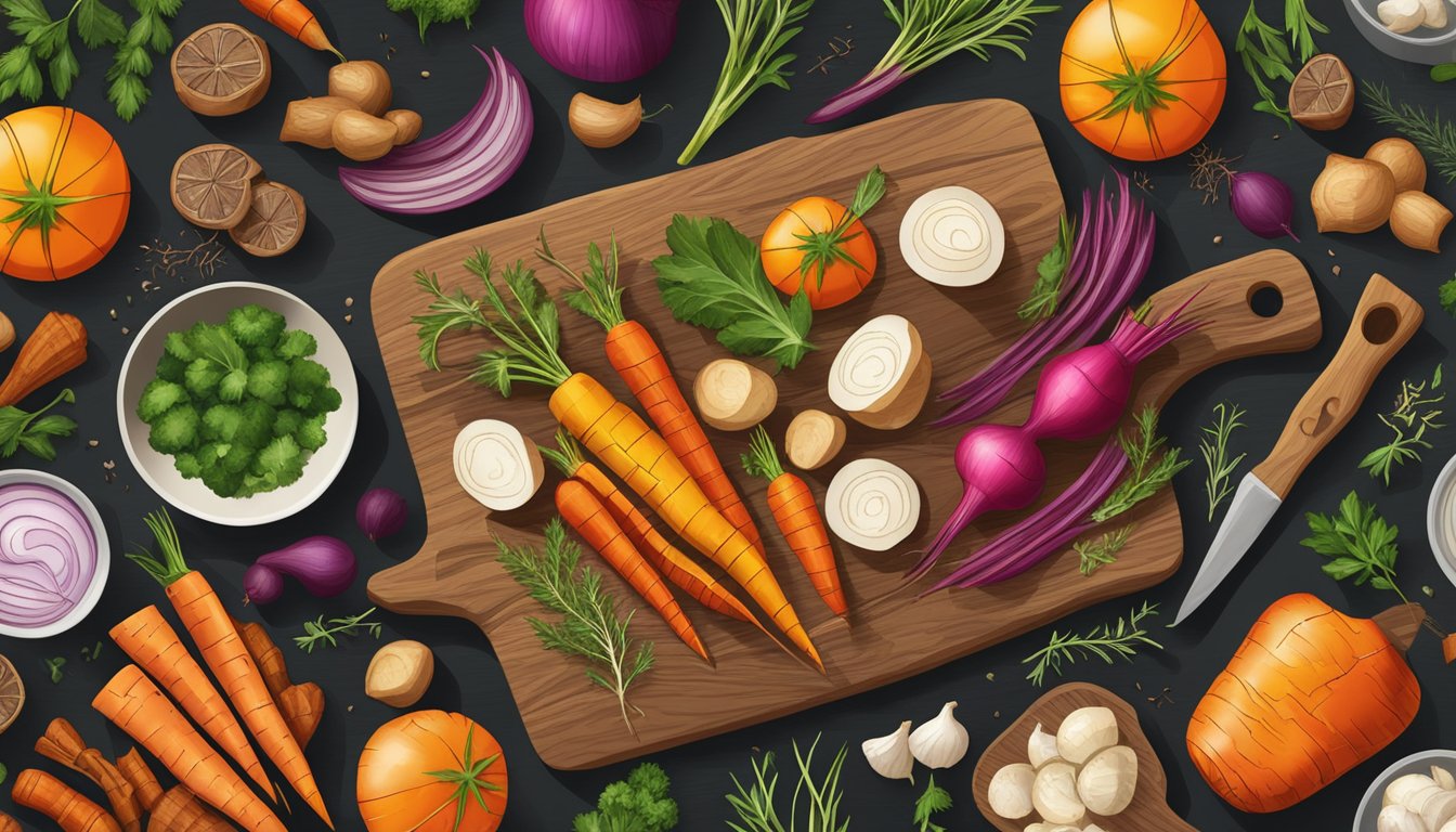 A colorful array of roasted root vegetables arranged on a rustic wooden cutting board, surrounded by scattered herbs and spices