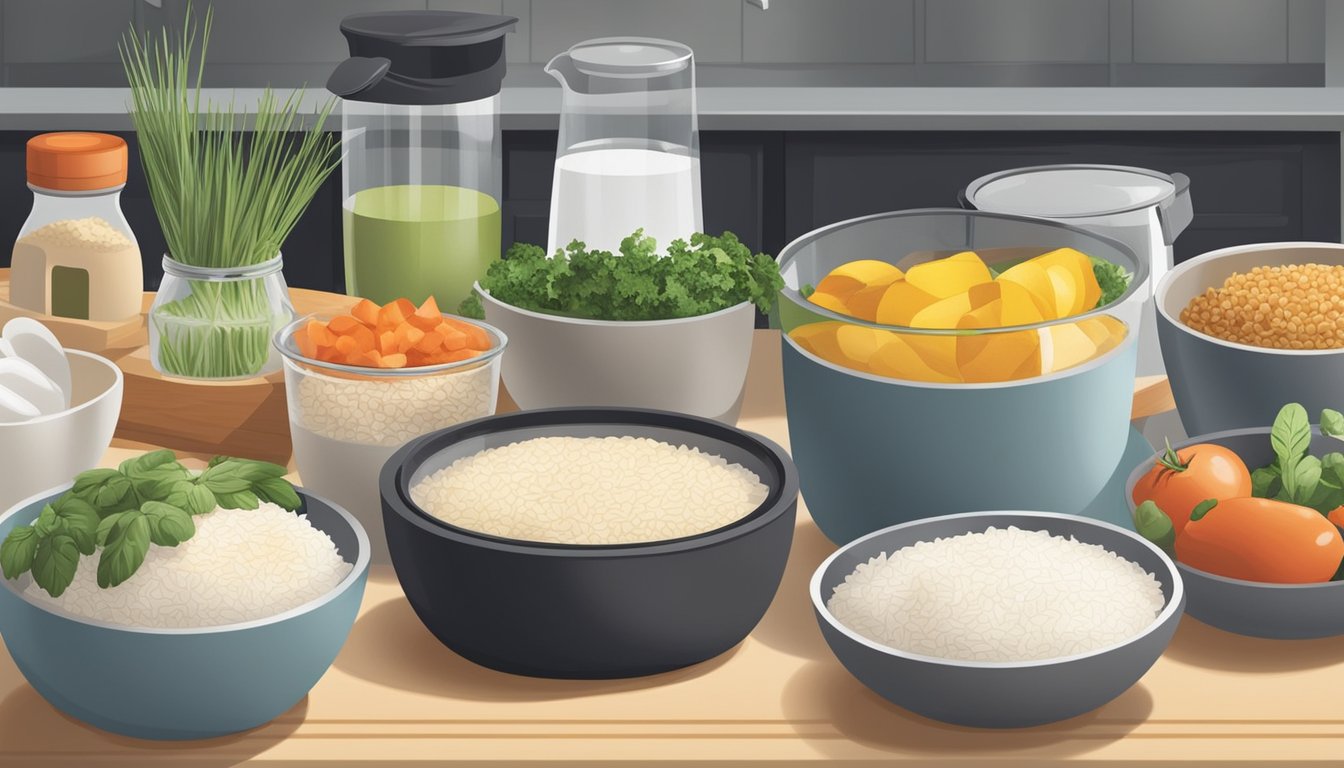 A kitchen counter with a variety of fresh ingredients and cooking utensils, including gluten-free rice bowls, being prepared and stored in airtight containers