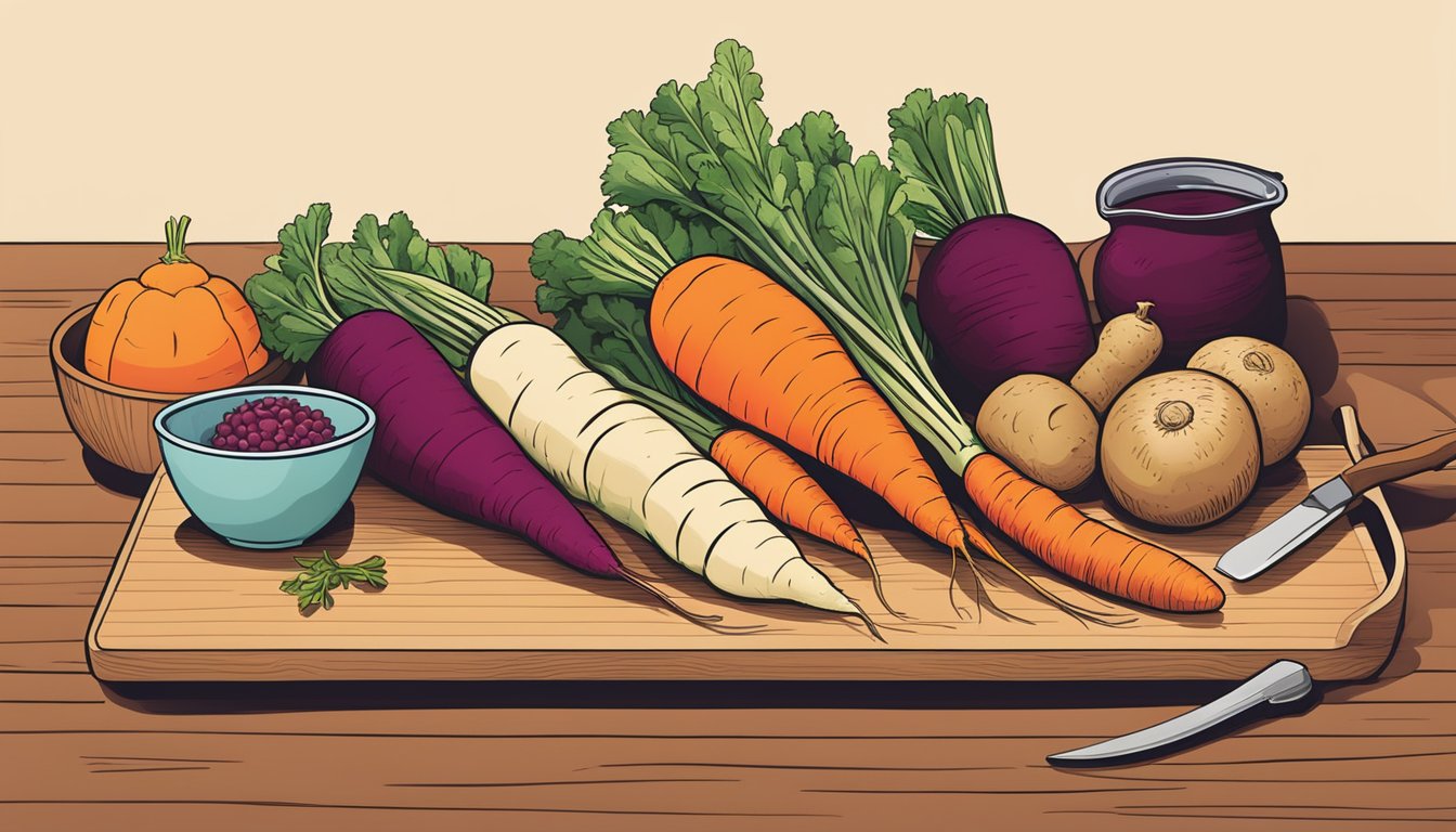 A colorful array of freshly harvested root vegetables, including carrots, potatoes, and beets, arranged on a cutting board with a sharp knife and a mixing bowl nearby