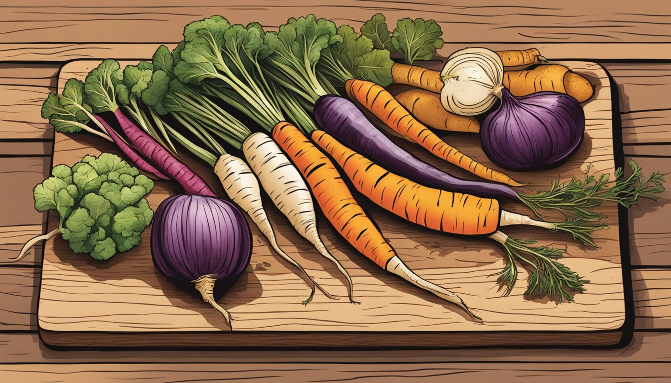 A colorful array of roasted root vegetables sits on a rustic wooden cutting board, showing signs of spoilage such as wilting and discoloration