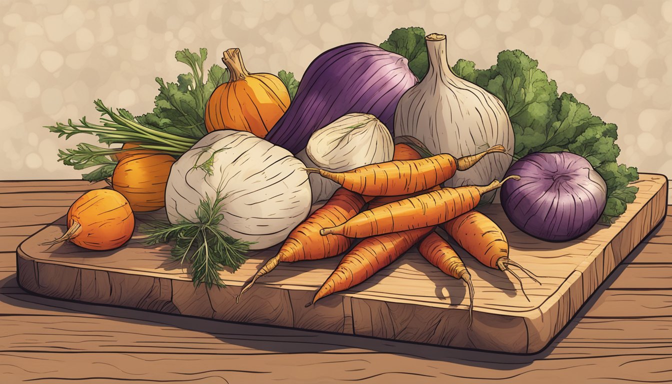 A colorful array of roasted root vegetables arranged on a rustic wooden cutting board, with steam rising from the freshly cooked gluten-free dish