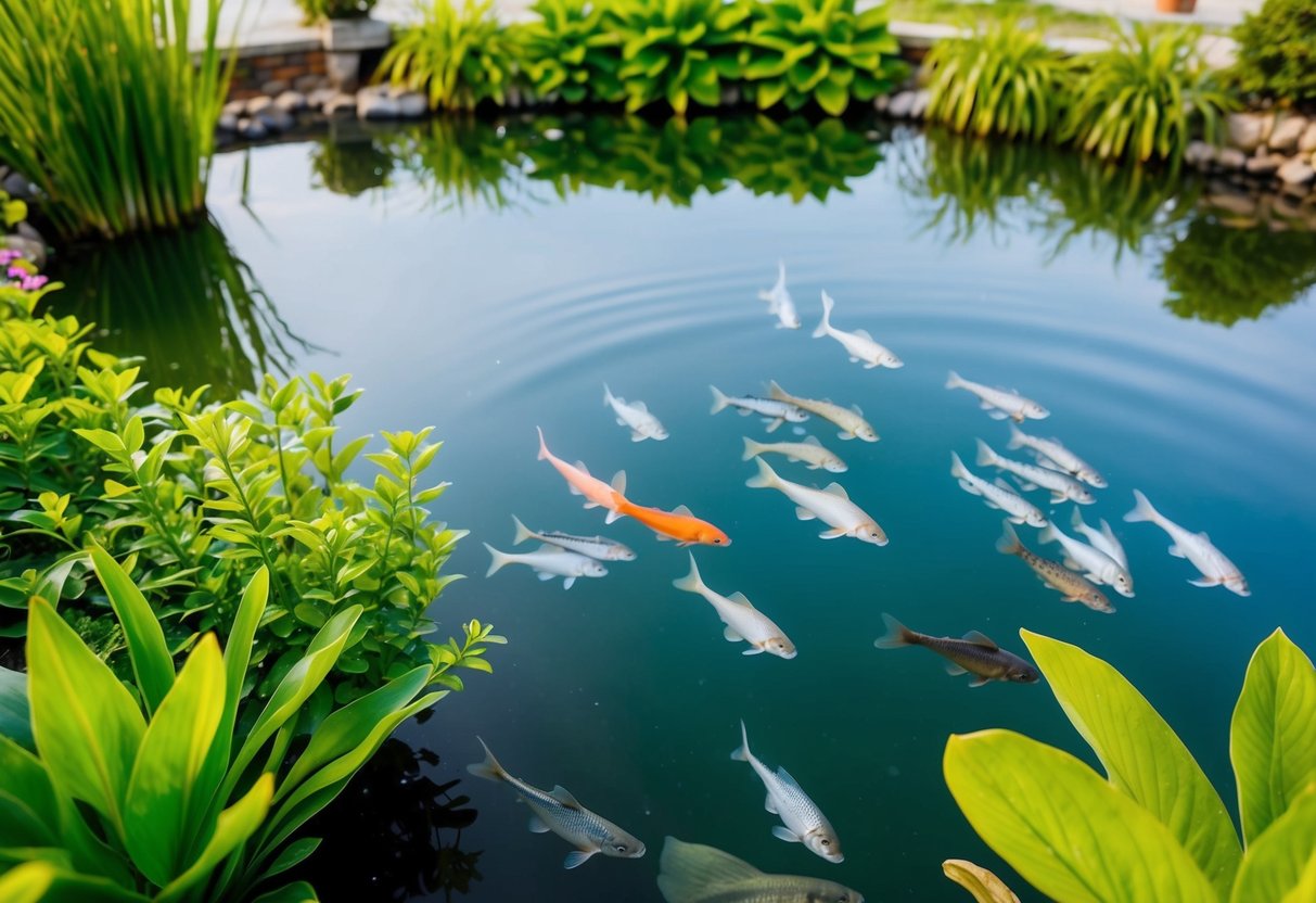 A serene pond with lush aquatic plants and a variety of fish swimming in clear water