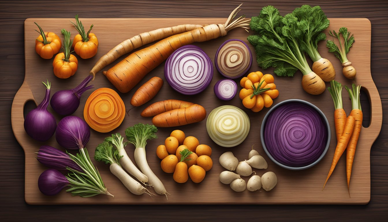 A colorful array of roasted root vegetables spread out on a rustic wooden cutting board, showcasing their diverse shapes, sizes, and textures