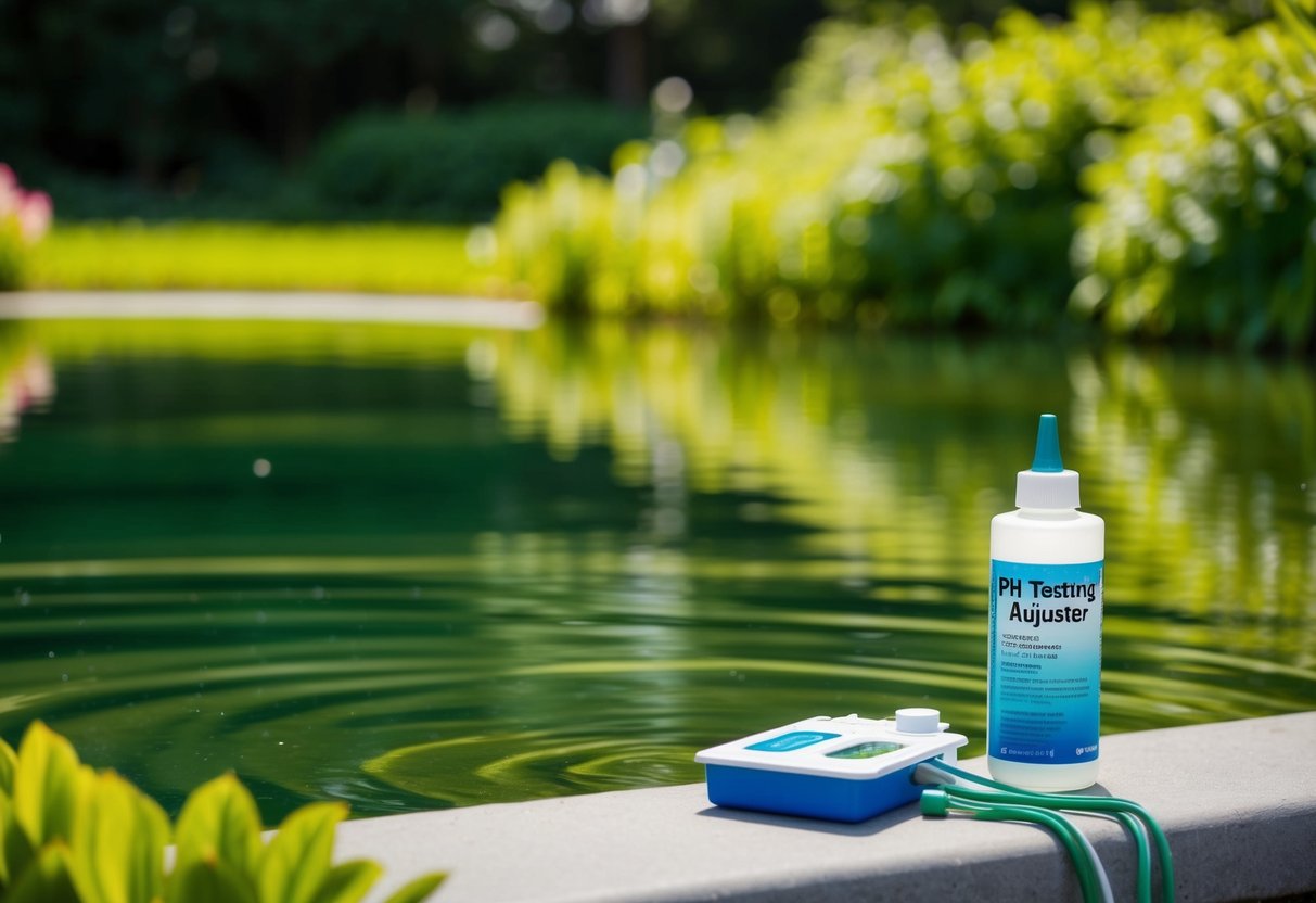 A serene pond with clear water, surrounded by lush greenery. A pH testing kit and a bottle of pH adjuster sit on the edge