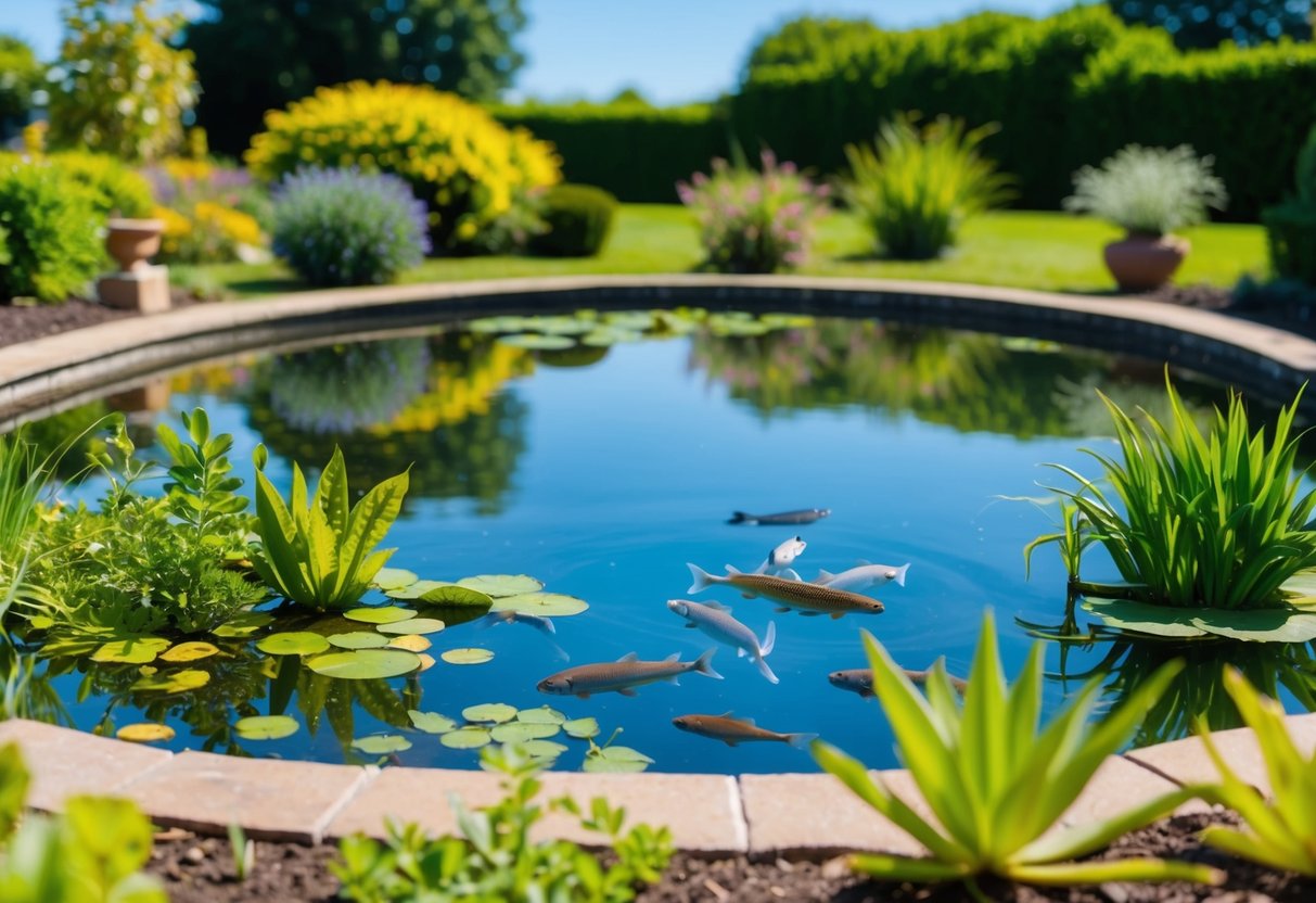 A serene pond with a variety of aquatic plants and fish, surrounded by a lush garden, under a clear blue sky