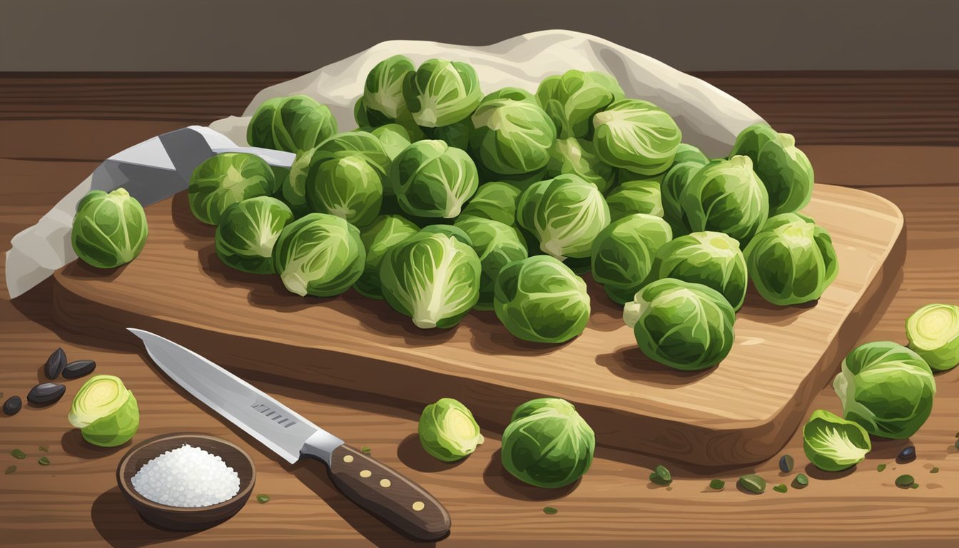 Fresh Brussels sprouts on a wooden cutting board, surrounded by a chef's knife, olive oil, salt, and pepper. A baking sheet with parchment paper is nearby