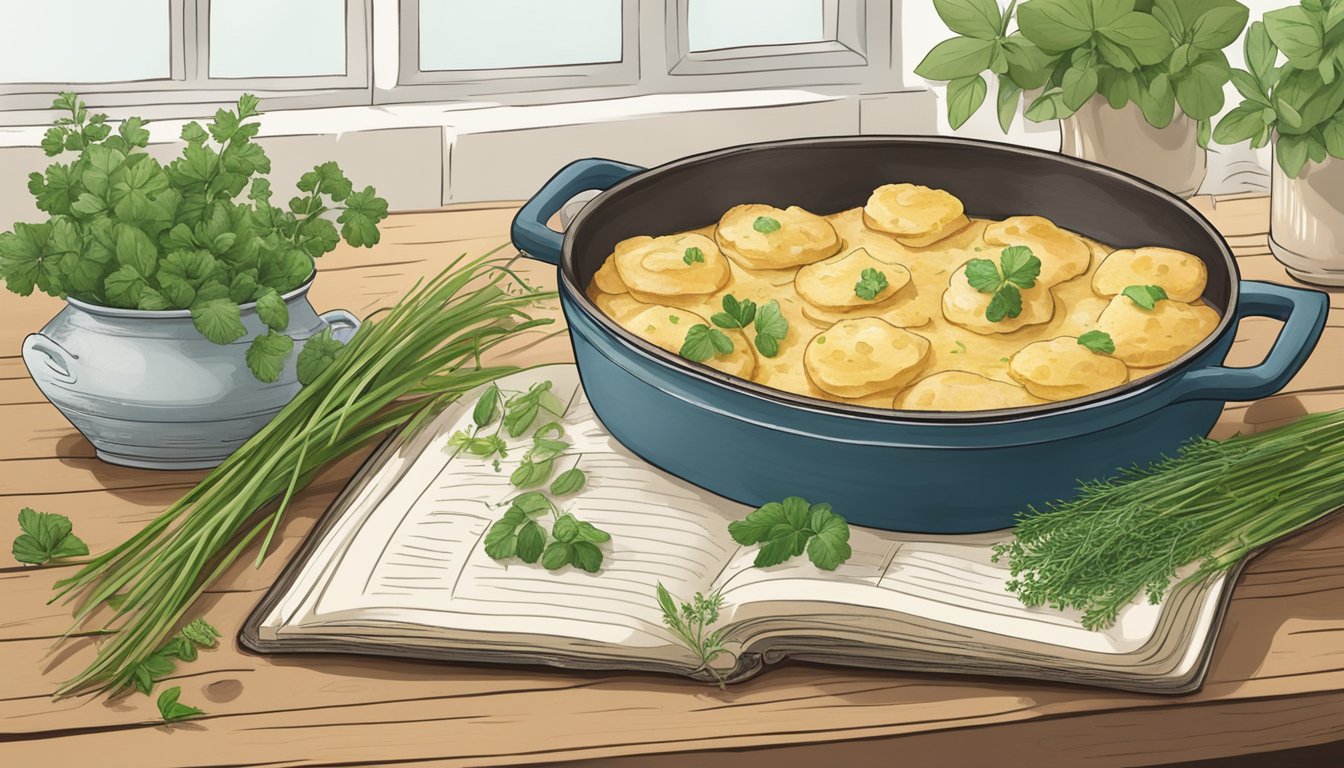 A rustic kitchen with a bubbling pot of gluten-free scalloped potatoes, surrounded by fresh herbs and a vintage recipe book