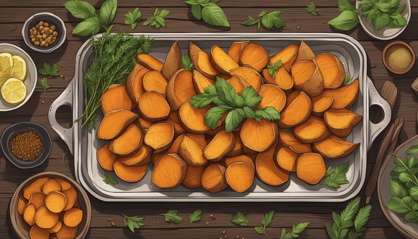 A tray of golden roasted sweet potatoes sits on a rustic wooden table, surrounded by fresh herbs and spices