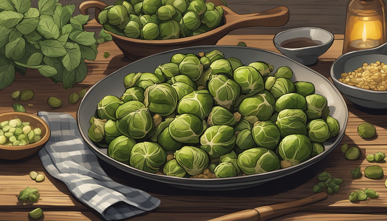 A plate of roasted brussels sprouts sits on a rustic wooden table, surrounded by scattered herbs and spices. The golden-brown sprouts are arranged in an artful display, with steam rising from their warm centers